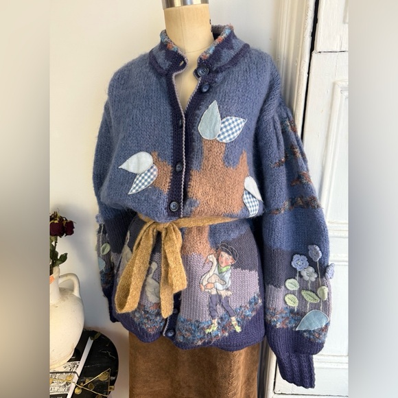 Vintage Sweaters - Vintage Wool Mohair Whimsical Cardigan Appliqué Boy & Goose Patchwork Knit